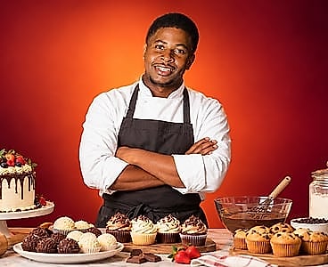 Foto de Edvaldo Gabriel Haufiku Nunes (Tioh Piaget) na cozinha do Ed-Bolos, cercado de bolos e doces caseiros